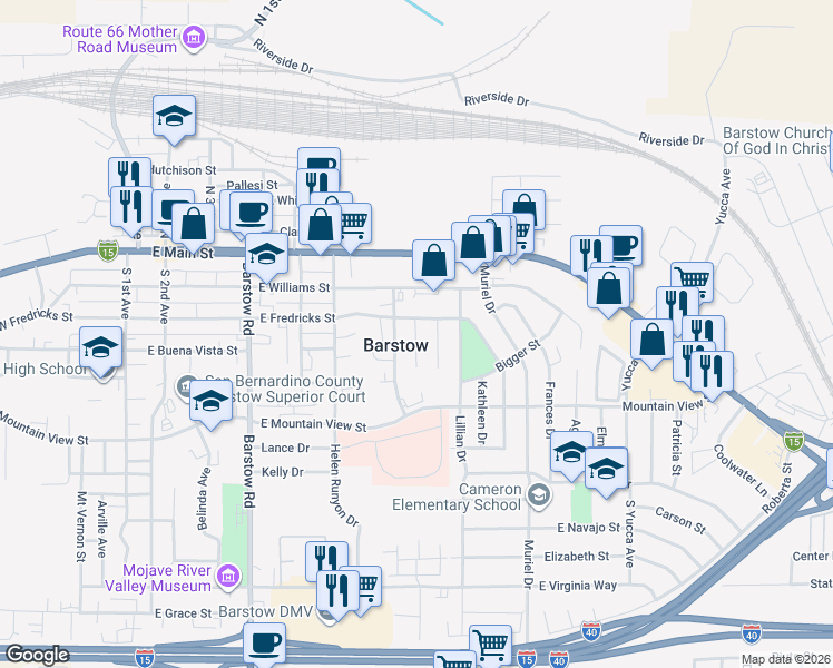 map of restaurants, bars, coffee shops, grocery stores, and more near Mary Anne Avenue in Barstow