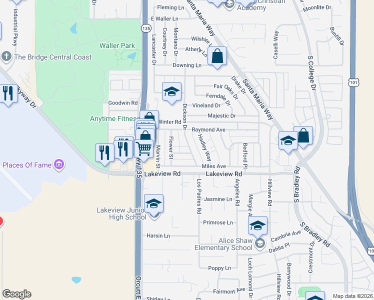 map of restaurants, bars, coffee shops, grocery stores, and more near 385 Hassett Court in Santa Maria
