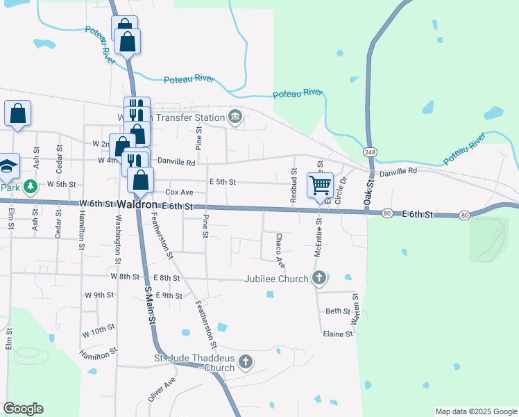 map of restaurants, bars, coffee shops, grocery stores, and more near Arkansas 80 in Waldron