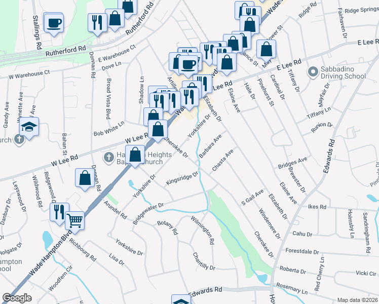 map of restaurants, bars, coffee shops, grocery stores, and more near 100 Cherokee Drive in Greenville