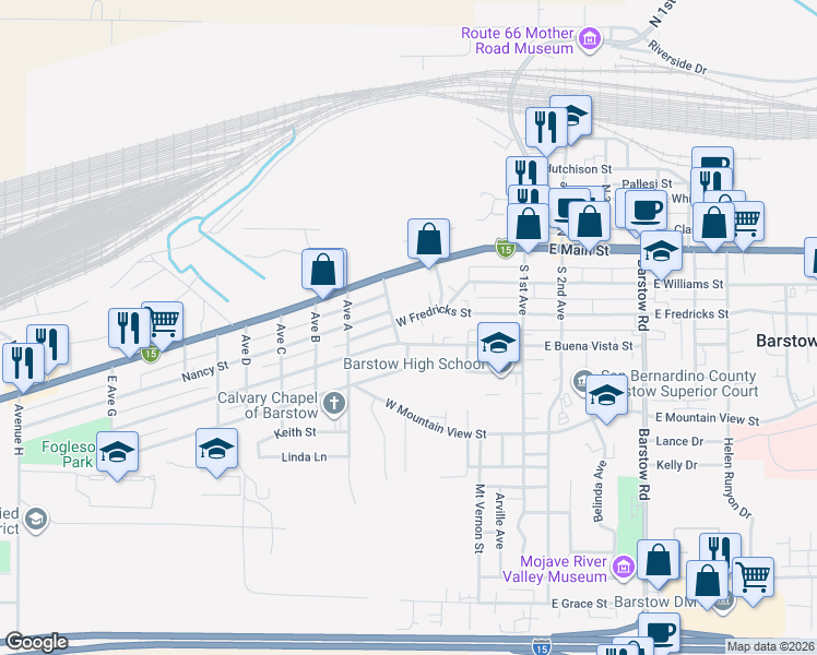 map of restaurants, bars, coffee shops, grocery stores, and more near 518 West Fredricks Street in Barstow
