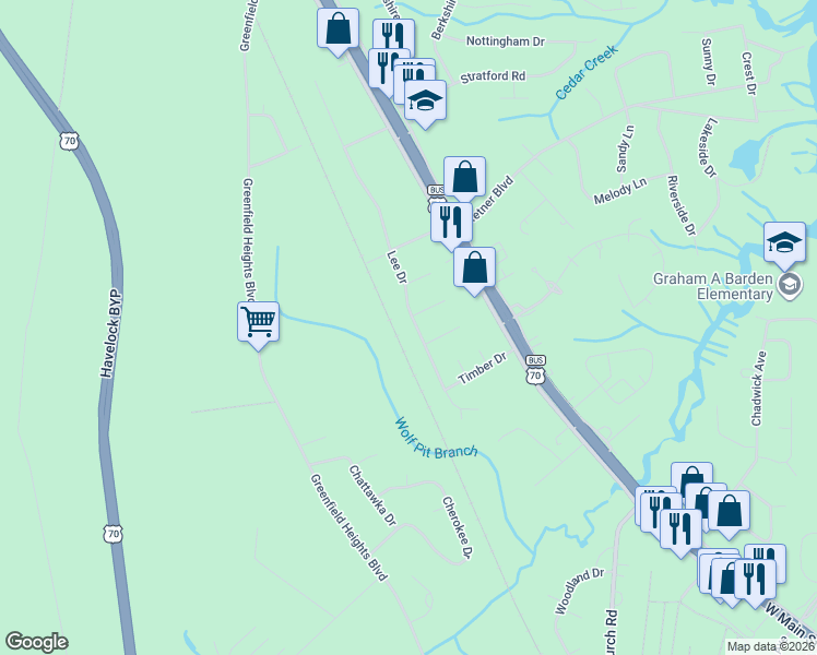 map of restaurants, bars, coffee shops, grocery stores, and more near 324 Lee Drive in Havelock