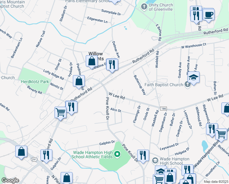 map of restaurants, bars, coffee shops, grocery stores, and more near 3622 West Lee Road in Taylors