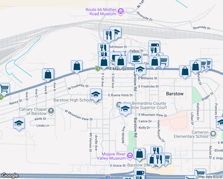 map of restaurants, bars, coffee shops, grocery stores, and more near 128 East Fredricks Street in Barstow