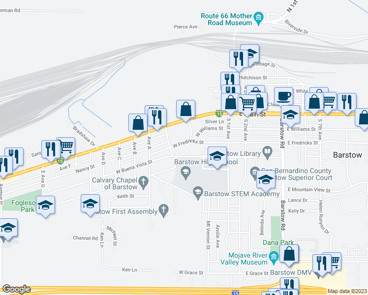 map of restaurants, bars, coffee shops, grocery stores, and more near 518 West Fredricks Street in Barstow