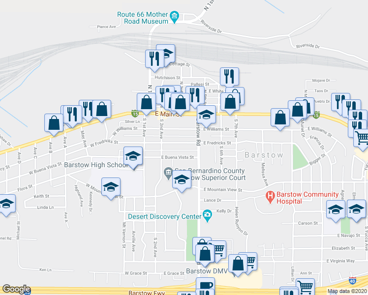 map of restaurants, bars, coffee shops, grocery stores, and more near 313 East Buena Vista Street in Barstow