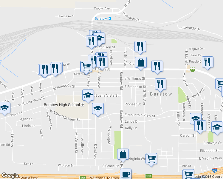 map of restaurants, bars, coffee shops, grocery stores, and more near 313 East Buena Vista Street in Barstow