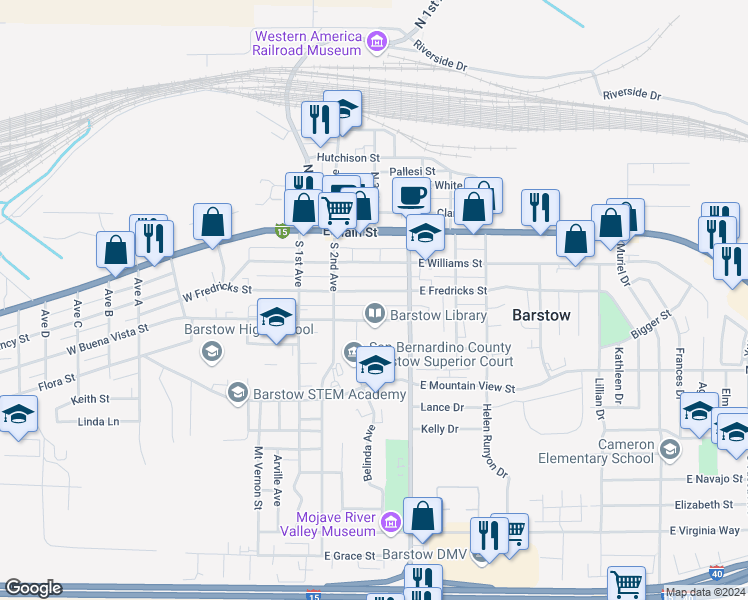 map of restaurants, bars, coffee shops, grocery stores, and more near 313 East Buena Vista Street in Barstow