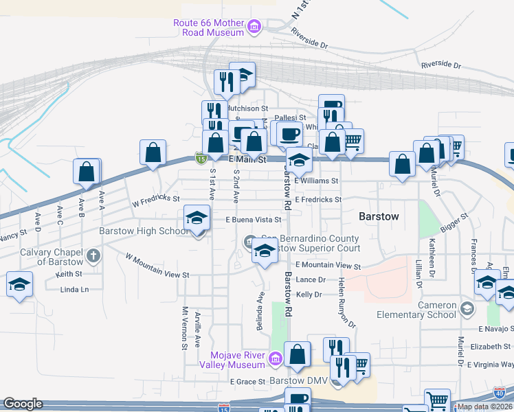 map of restaurants, bars, coffee shops, grocery stores, and more near 221 East Buena Vista Street in Barstow