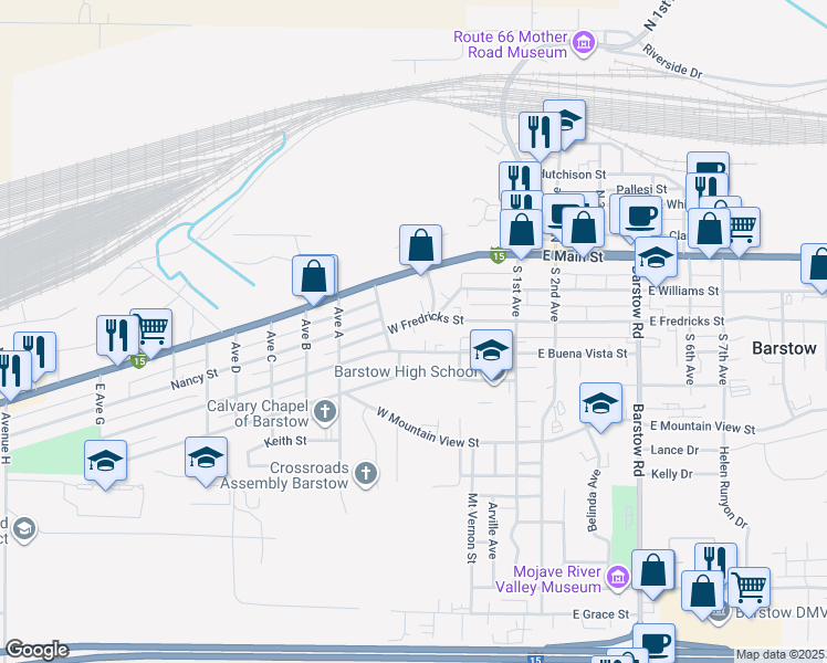 map of restaurants, bars, coffee shops, grocery stores, and more near 518 West Fredricks Street in Barstow