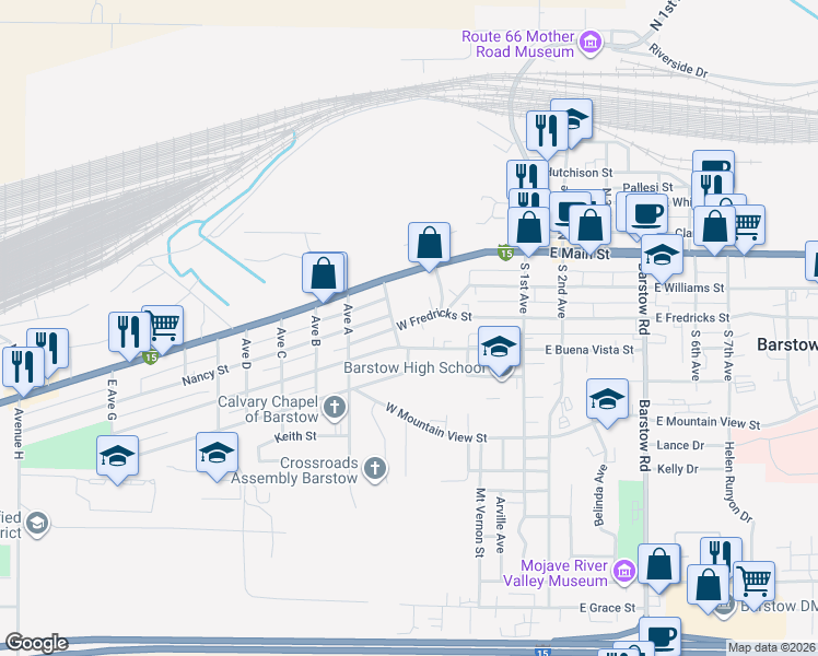 map of restaurants, bars, coffee shops, grocery stores, and more near 518 West Fredricks Street in Barstow