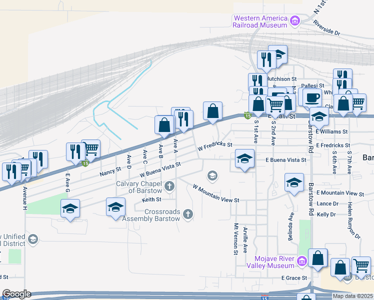 map of restaurants, bars, coffee shops, grocery stores, and more near 611 West Buena Vista Street in Barstow