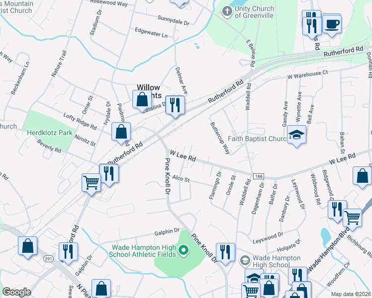 map of restaurants, bars, coffee shops, grocery stores, and more near 3622 West Lee Road in Taylors