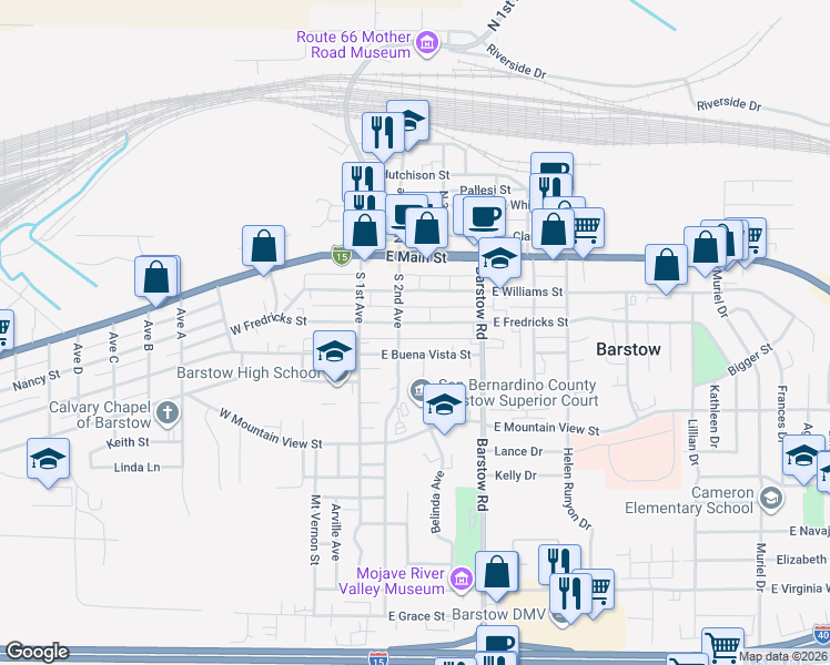 map of restaurants, bars, coffee shops, grocery stores, and more near 212 East Fredricks Street in Barstow