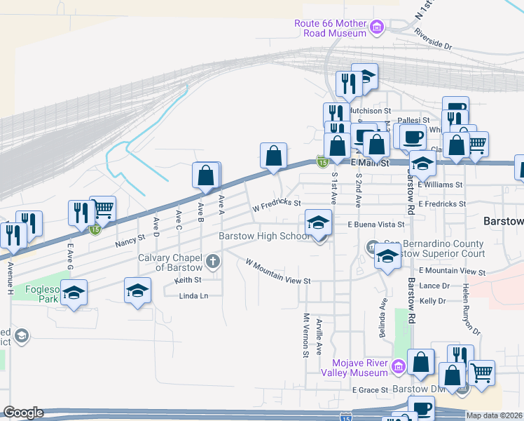 map of restaurants, bars, coffee shops, grocery stores, and more near 550 West Fredricks Street in Barstow
