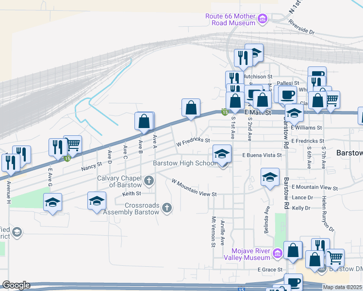 map of restaurants, bars, coffee shops, grocery stores, and more near 518 West Fredricks Street in Barstow