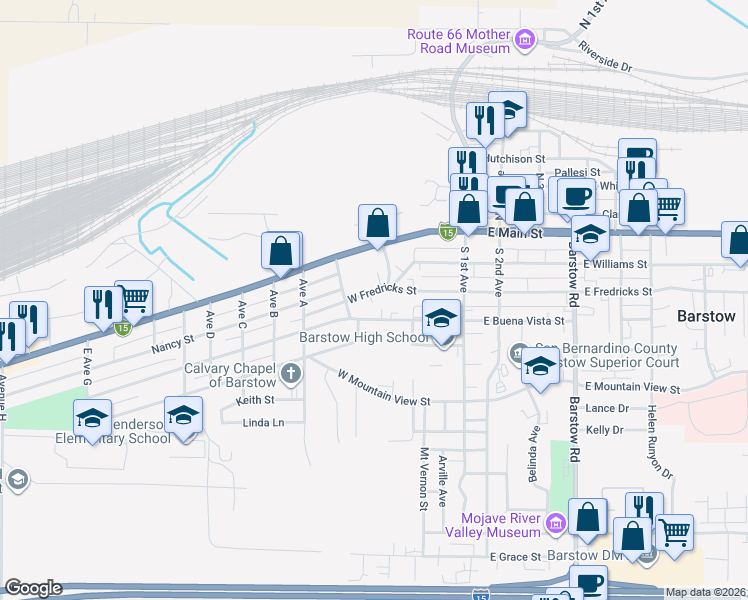 map of restaurants, bars, coffee shops, grocery stores, and more near 518 West Fredricks Street in Barstow