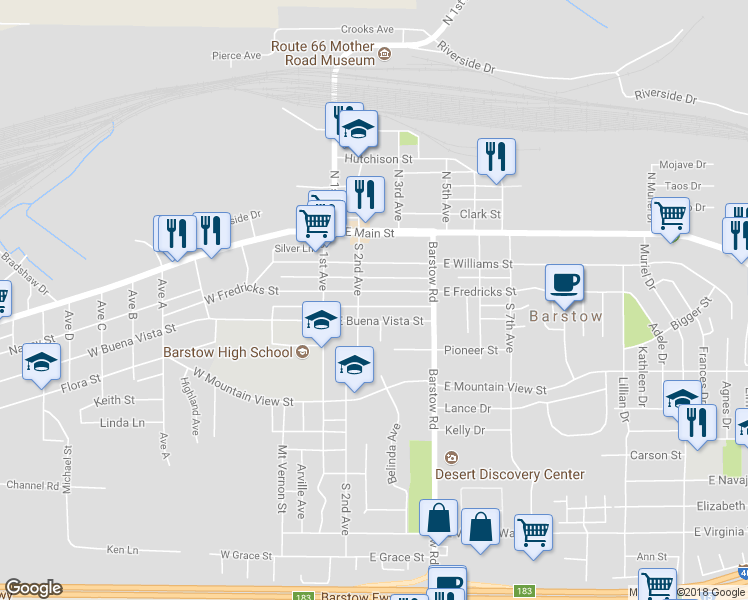 map of restaurants, bars, coffee shops, grocery stores, and more near 212 East Fredricks Street in Barstow