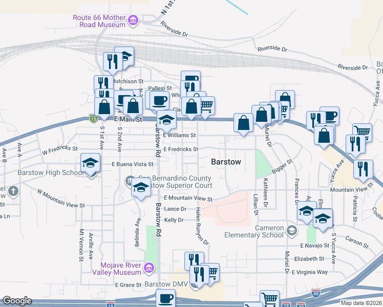 map of restaurants, bars, coffee shops, grocery stores, and more near 2 East Fredricks Street in Barstow