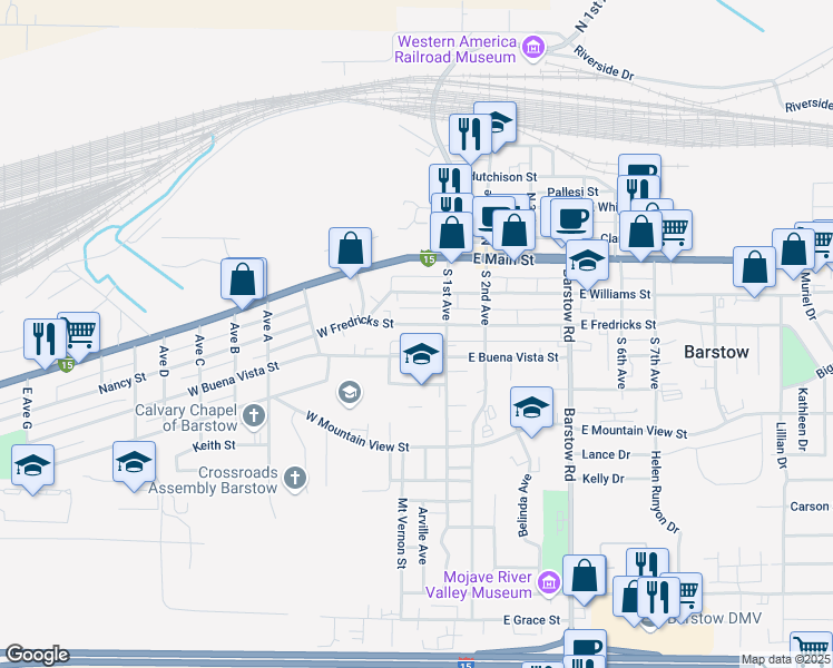 map of restaurants, bars, coffee shops, grocery stores, and more near 133 West Buena Vista Street in Barstow