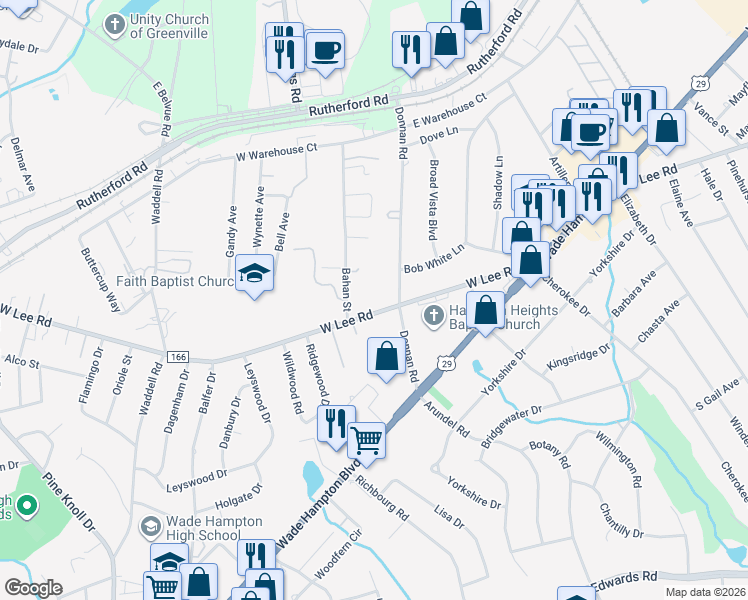 map of restaurants, bars, coffee shops, grocery stores, and more near 204 West Lee Road in Taylors