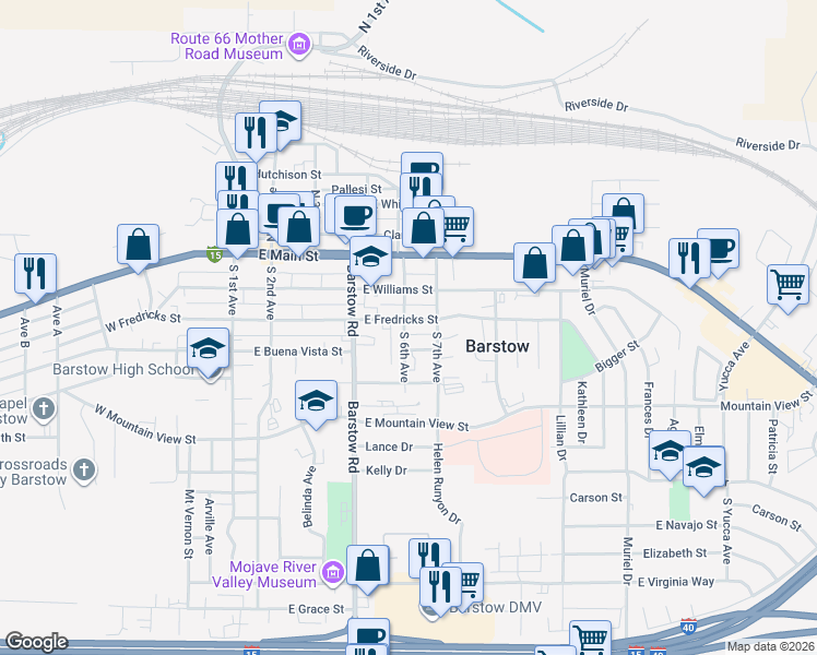map of restaurants, bars, coffee shops, grocery stores, and more near 601 East Buena Vista Street in Barstow