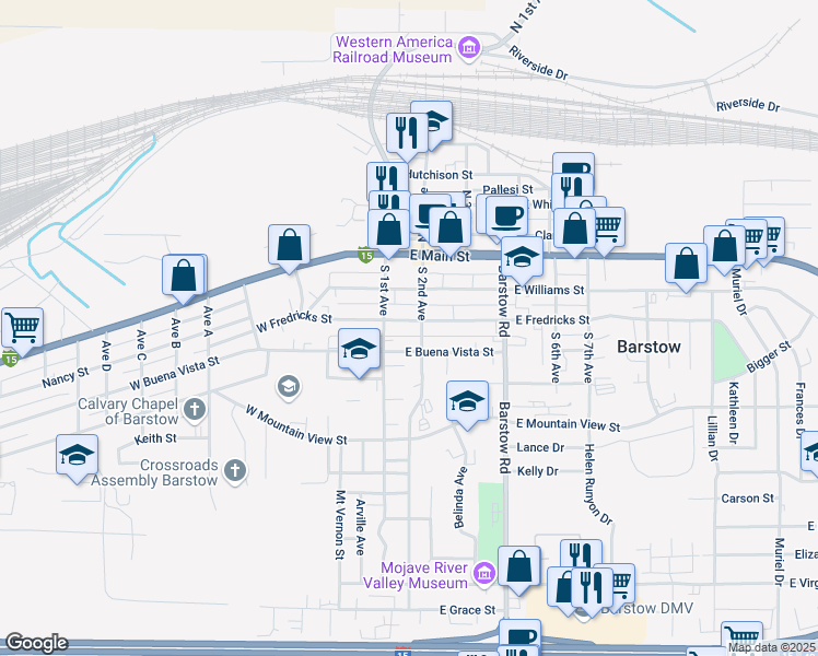 map of restaurants, bars, coffee shops, grocery stores, and more near 325 South 1st Avenue in Barstow