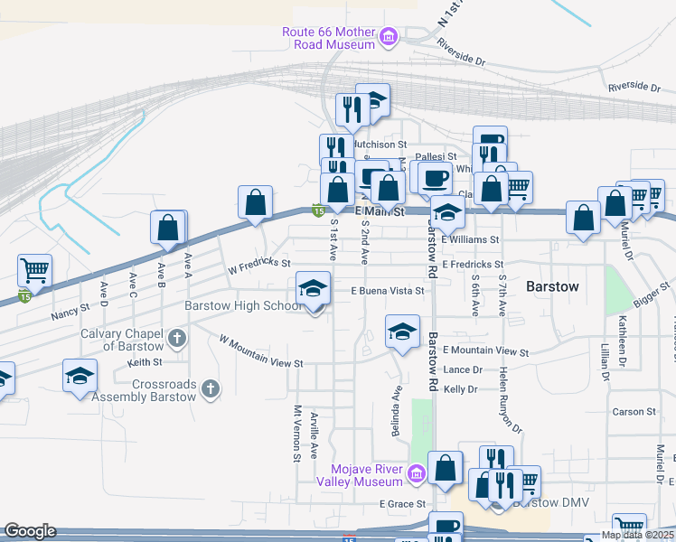 map of restaurants, bars, coffee shops, grocery stores, and more near 325 South 1st Avenue in Barstow