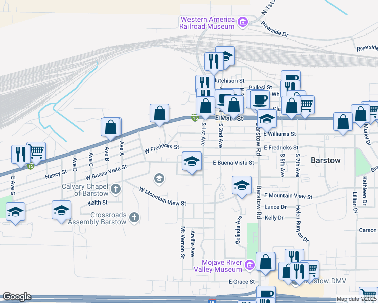 map of restaurants, bars, coffee shops, grocery stores, and more near 133 West Buena Vista Street in Barstow
