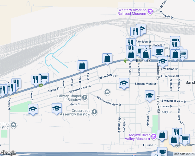 map of restaurants, bars, coffee shops, grocery stores, and more near 611 West Buena Vista Street in Barstow