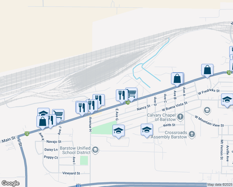 map of restaurants, bars, coffee shops, grocery stores, and more near 1280 Santa Fe Drive in Barstow