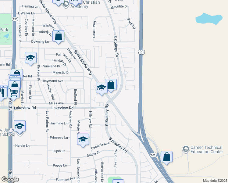 map of restaurants, bars, coffee shops, grocery stores, and more near 3490 Santa Maria Way in Santa Maria