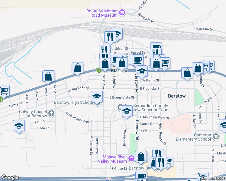 map of restaurants, bars, coffee shops, grocery stores, and more near 128 East Fredricks Street in Barstow