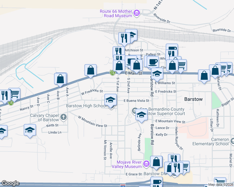 map of restaurants, bars, coffee shops, grocery stores, and more near 2 West Fredricks Street in Barstow