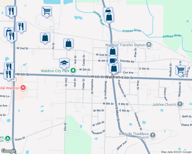 map of restaurants, bars, coffee shops, grocery stores, and more near Arkansas 80 in Waldron