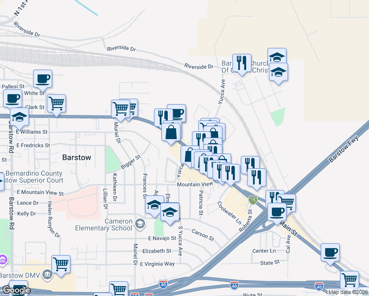 map of restaurants, bars, coffee shops, grocery stores, and more near 1314 East Main Street in Barstow