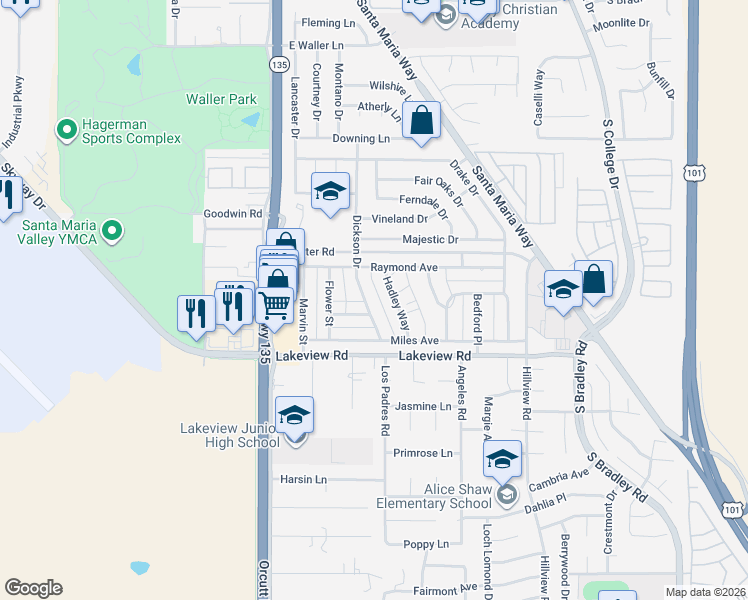 map of restaurants, bars, coffee shops, grocery stores, and more near 3480 Dickson Drive in Santa Maria