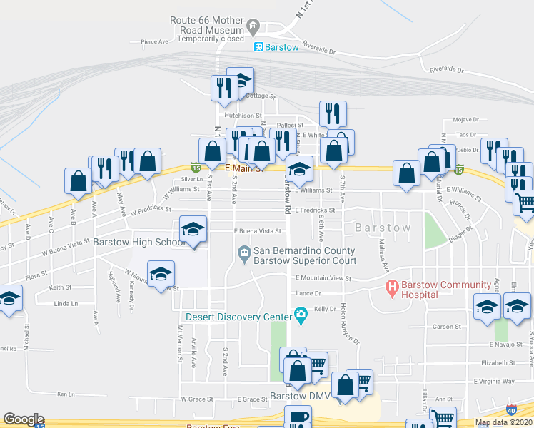 map of restaurants, bars, coffee shops, grocery stores, and more near 304 East Fredricks Street in Barstow