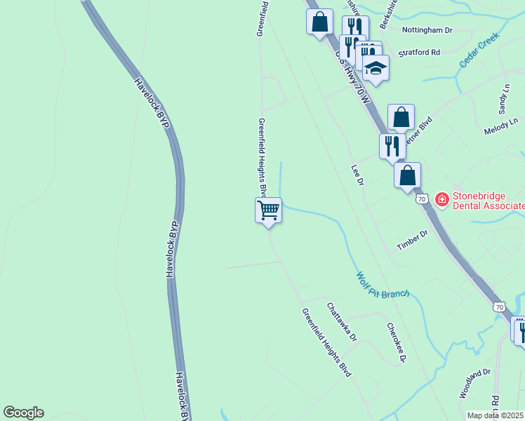 map of restaurants, bars, coffee shops, grocery stores, and more near 605 Greenfield Heights Boulevard in Havelock