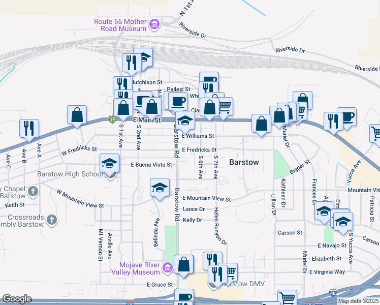 map of restaurants, bars, coffee shops, grocery stores, and more near 524 East Fredricks Street in Barstow