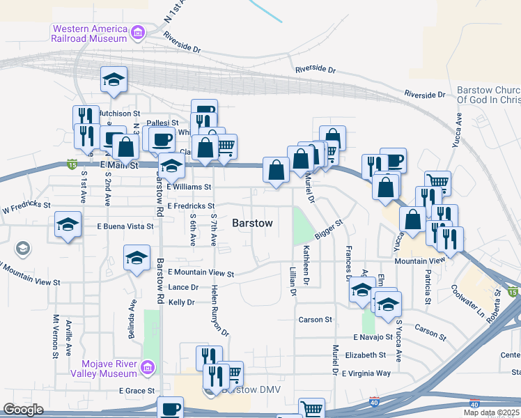 map of restaurants, bars, coffee shops, grocery stores, and more near 314 Mary Anne Avenue in Barstow