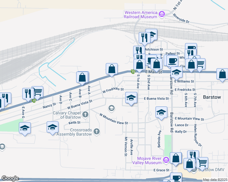map of restaurants, bars, coffee shops, grocery stores, and more near 518 West Fredricks Street in Barstow