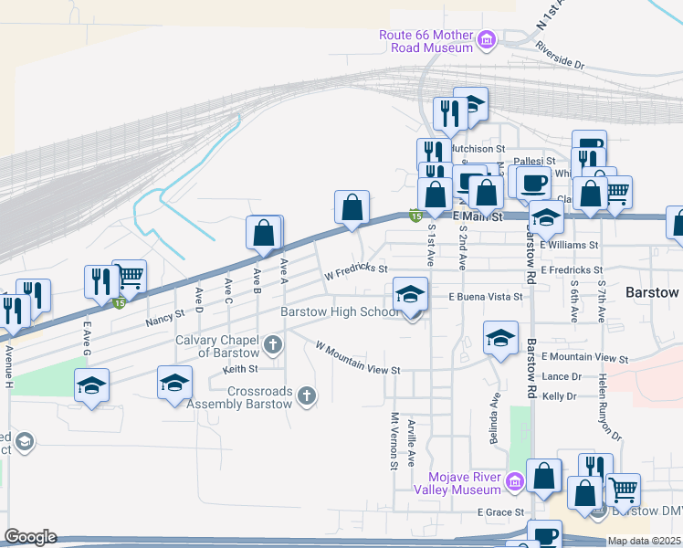 map of restaurants, bars, coffee shops, grocery stores, and more near 518 West Fredricks Street in Barstow