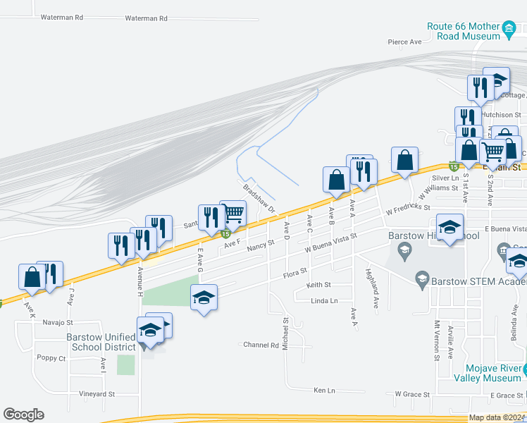 map of restaurants, bars, coffee shops, grocery stores, and more near 1121 National Trails Highway in Barstow