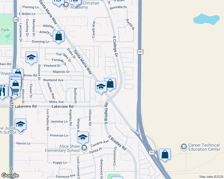 map of restaurants, bars, coffee shops, grocery stores, and more near 3496 Greenacre Drive in Santa Maria