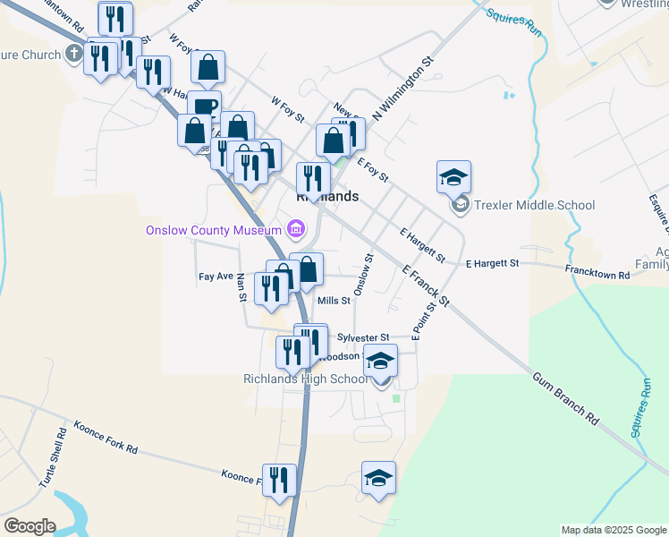 map of restaurants, bars, coffee shops, grocery stores, and more near 202 North Wilmington Street in Richlands