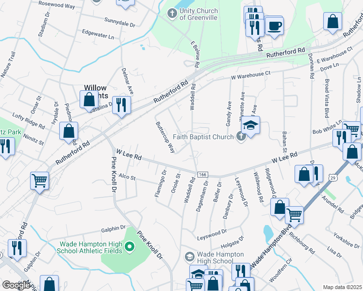 map of restaurants, bars, coffee shops, grocery stores, and more near 103 Buttercup Way in Taylors