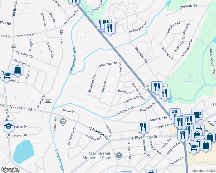 map of restaurants, bars, coffee shops, grocery stores, and more near 110 Rasor Drive in Greenville