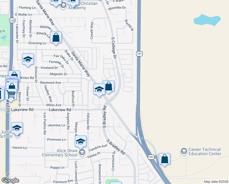 map of restaurants, bars, coffee shops, grocery stores, and more near 3496 Greenacre Drive in Santa Maria