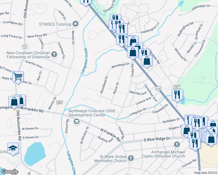 map of restaurants, bars, coffee shops, grocery stores, and more near 115 Rasor Drive in Greenville